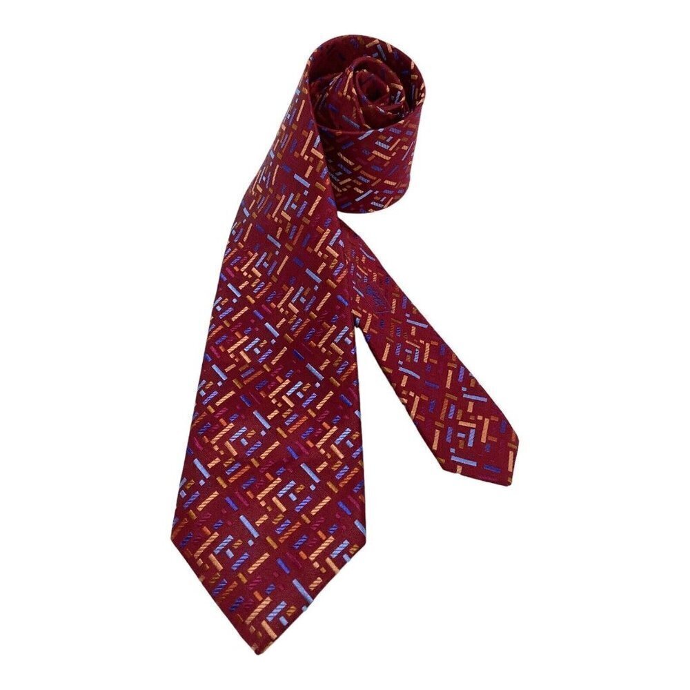 BUGATCHI Red Geometric Luxury Silk Mens Tie Made In Italy W: 3.25" EX COND